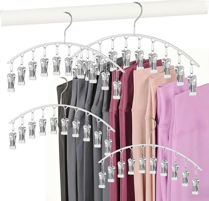 Legging Hangers for Closet Organizer, Hat Hangers for Closet 4 Pack with 10 Clips Holds 40 Leggings, Legging Hanger, Pants Storage Organizer Suitable for Socks, Panties, Underwear, Pants (4-White)