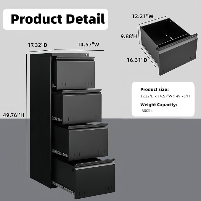 Guizeeopo Metal File Cabinet with Lock, Vertical 4 Drawer File Cabinets for Home Office, Heavy Duty Office Storage Cabinet for A4/Letter/Legal Size, Assembly Required(Black)