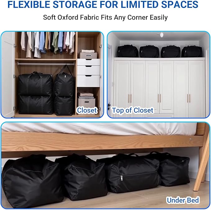 Extra Large Moving Bags, 6 Pack Black Oversized Storage Totes with Strong Zipper & Reinforced Full Loop Handles, Collapsible Storage Bags for Space Saving, for King/Queen Comforter, Blankets & Clothes
