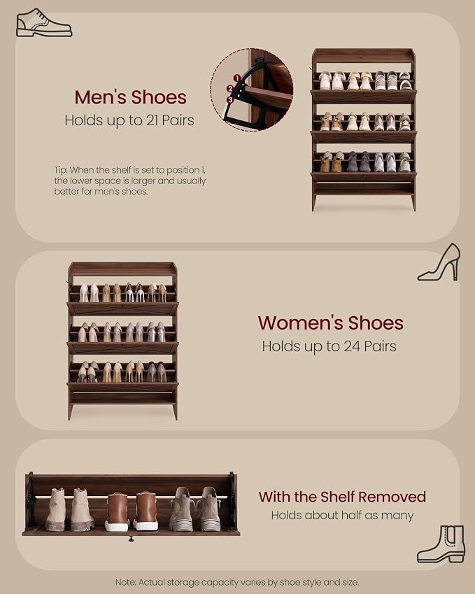 VASAGLE Shoe Storage Cabinet Organizer with 3 Flip Drawers, Freestanding Narrow Shoe Rack Cabinet for Entryway, Farmhouse Style, Fits 14 to 16 Pairs, Chestnut Walnut UHSC303KX01