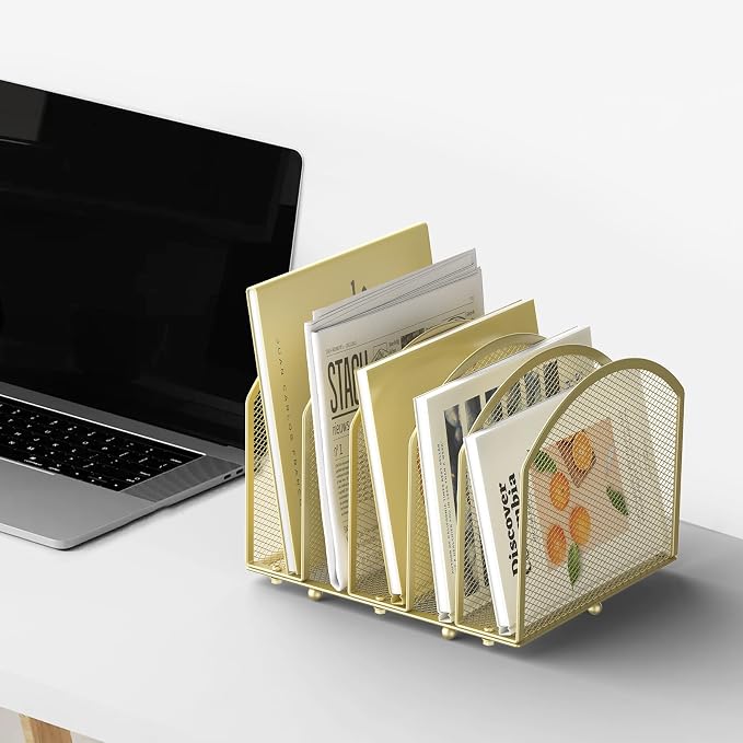 MINDEPOT Desk File Organizer 5 Sections Desktop Organizer File Sorter Office Organization File Folder Holder for Office School & Classroom (Gold, 5 Section - 1Pack)