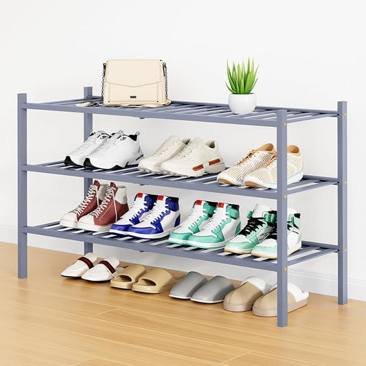 Smiry Bamboo Shoe Rack, 12 Vertical Slats, 3 Tier - 33.7" Wide, Grey | Stackable Free Standing Wooden Shoe Organizer, Wood Shoe Storage Shelf for Closet, Entryway