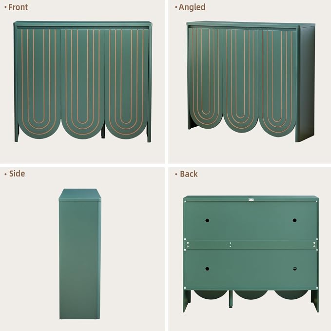 47" Large Shoe Cabinet for Entryway, Shoe Storage Cabinet with Adjustable Shelves, Mid-Century Modern Wooden Shoe Organizer with 3 Arched Doors, Extra Deep Shoe Rack for Sneakers & Boots (Green)