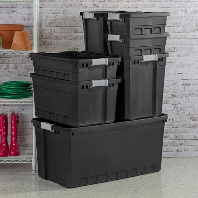 Sterilite 12-Pack Plastic Storage Bins with Lids, Stackable Containers, 50 Gallon, Black