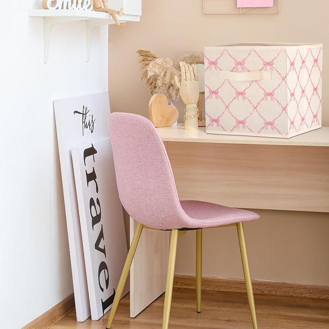 6 Pcs Beige Bow Cube Storage Bins 13 Inch Storage Basket with Handle, Girls Organizer Basket, Collapsible Fabric Box for Classroom Bedrooms Office Home Decoration Gift