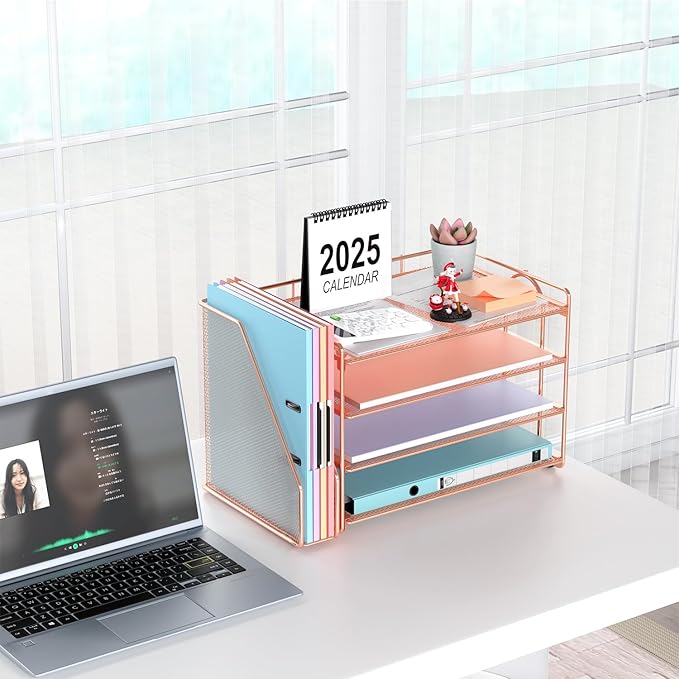 gianotter 4-Tier Paper Organizer With Magazine Holder, Desk Organizers and Accessories, Desk Accessories & Workspace Organizers, File Organizer for Office Supplies Storag (Rose Gold, 4-Tier)