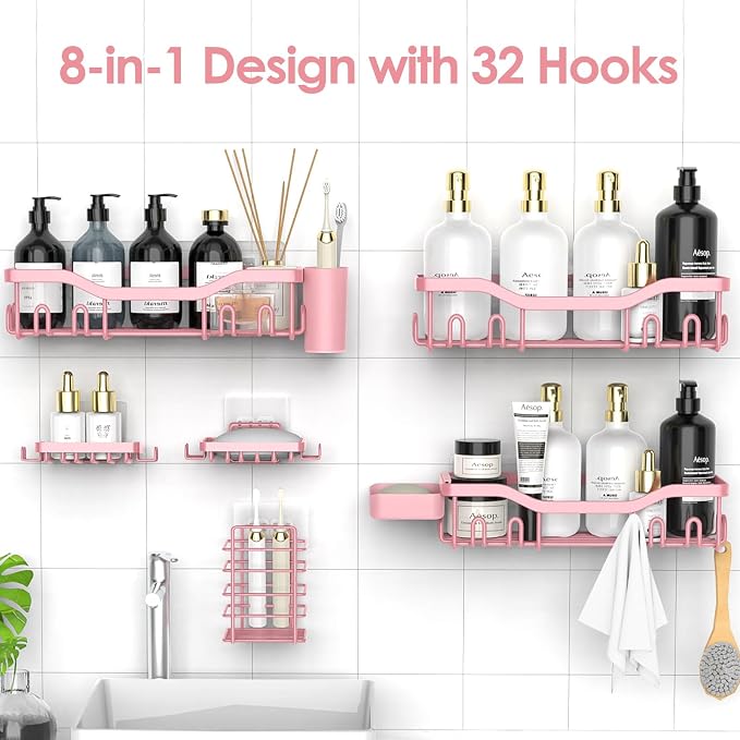 NESOMI Shower Caddy Adhesive Shower Organizer 8-Pack, Rustproof Stainless Steel Bathroom Shelves, Large Capacity No-Drill Rack Storage Accessories with Soap Dish Toothbrush Holder Hooks