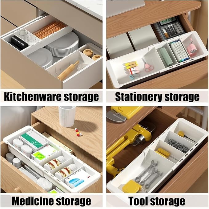 2 PCS Sliding Drawer Tray with Adjustable Dividers | Expandable Kitchen Storage Organizer, Sliding Drawer Bin, Expandable Drawer Organizer Trays For Utensils, Flatware, Junks