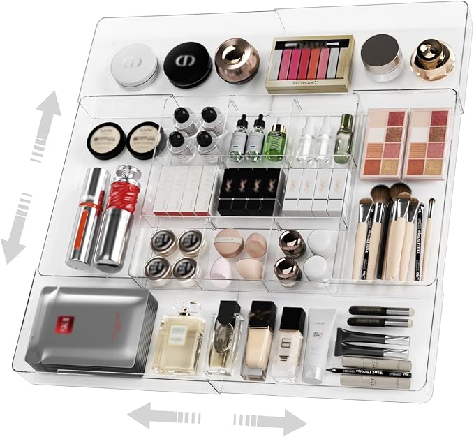 Expandable Makeup Drawer Organizer, Clear Silverware Drawer Organizer Tray. | Width (10.6"-20.1") Depth (11"-20.1") Height1.9", with 6 Removable Dividers, Great for Cosmetic,Utensils,Stationery,Office