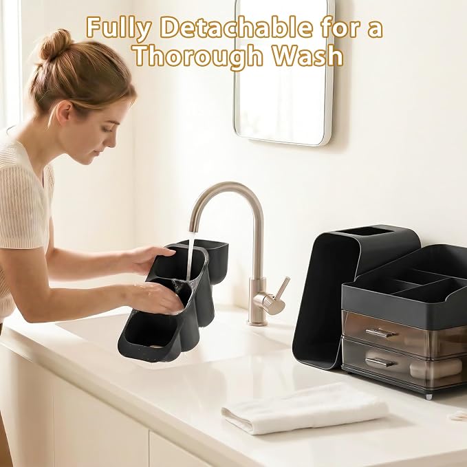 Large Capacity Makeup Organizer Countertop with Makeup Brush Holder for Vanity, Thickened Material, Bathroom Countertop Organizer Skin Care Perfumes Storage, Teen Girl Gifts for 12-23 Year（black）