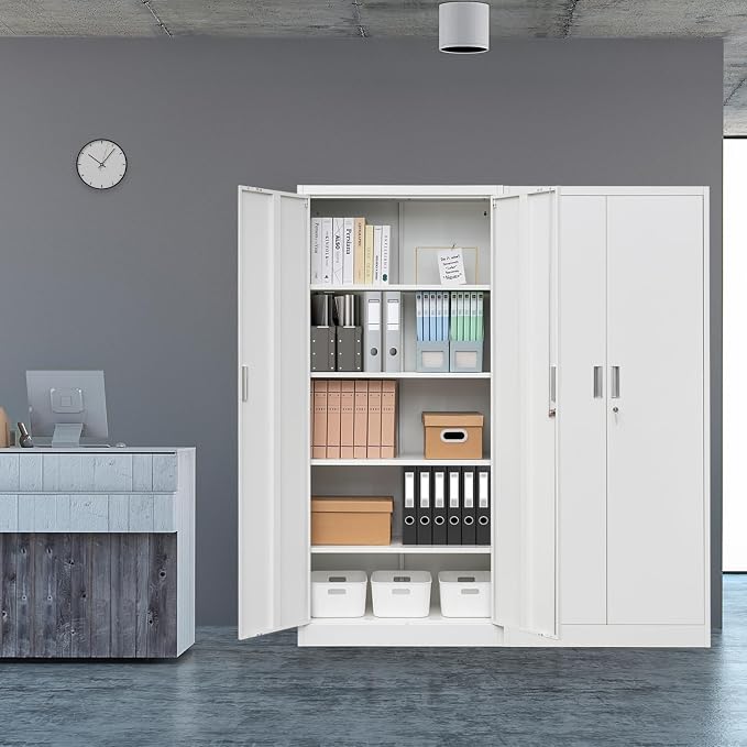 CJF 71" H Metal Storage Cabinet, Locking Cabinet with 2 Doors and 5 Adjustable Shelves, White Tall Cabinet for Garage, Home, Office, Pantry, Workshop, School