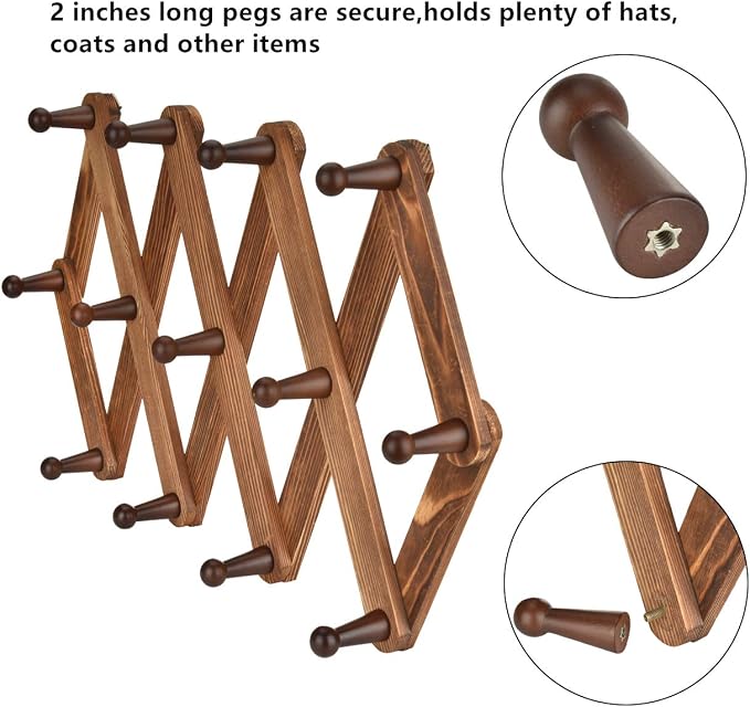 Vintage Wood Expandable Peg Rack- Multi-Purpose Accordion Wall Hangers with 13 Hooks for Hats, Coat, Mugs, Scarf, Jewelry Storage