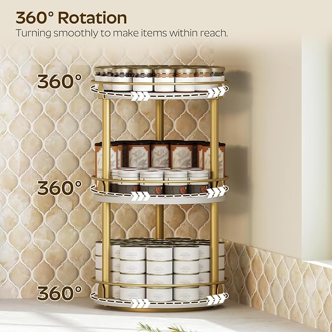 Yatiney 3-Tier Lazy Susan, Rotating Spice Rack, Spinning Organizer, Industrial Turntable Spice Rack for Cabinet, Kitchen Countertop, Pantry, White and Gold SR23DW