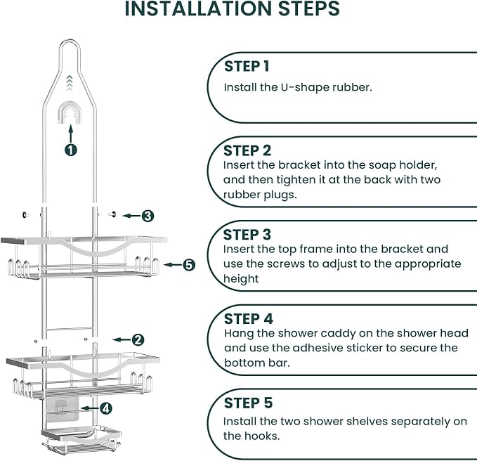 Shower Caddy Hanging Adjustable Shower Caddy, Rustproof Shower Organizer Extended Length Showers Caddy Over Shower Head with Hooks Soap Holder, Large Capacity Anti-Swing Bathroom Organizer, Silver | Rustproof Shower Organizer, Extra Long, No Drilling, ...