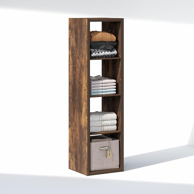 Furinno Cubic Extra Thick 4-Cube Closet Organizers and Storage, Amber Pine | 14.6 x 16 x 58 in, Vertical Open Shelf Closet Storage, Closet Organizer, for Wardrobe, Bedroom, Living Room