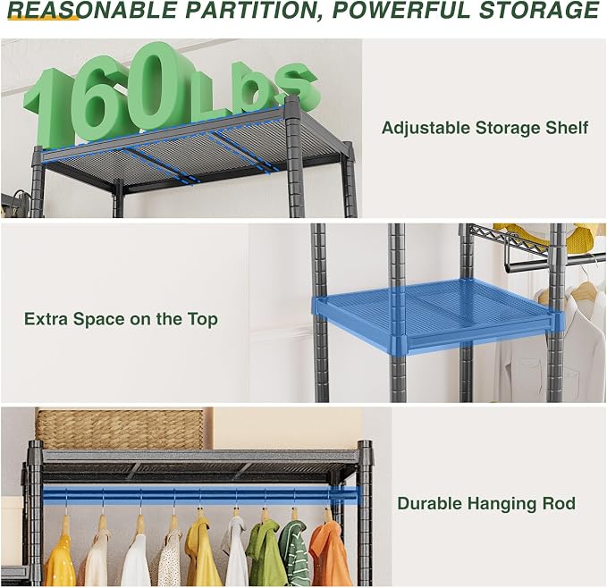 LEHOM G6 Clothes Rack, Heavy Duty Freestanding Garment Rack with Shelves | Metal Clothing Closet Wardrobe Storage System for Hanging Clothes (7 Shelves), 76.8"D x 17.7"W x 74.4"H, Hold 800 lbs, Black