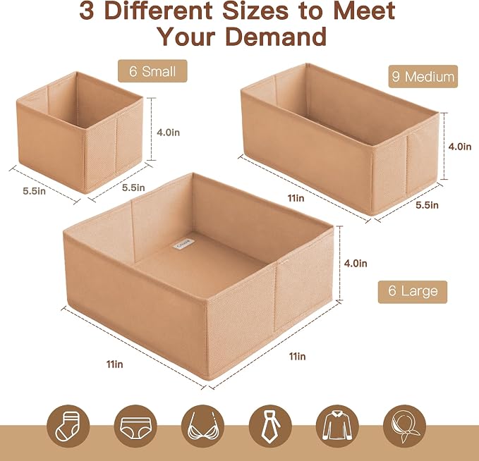 Criusia Drawer Organizer Clothes, 21 Pack Dresser Organizer for Baby Clothes, Underwear, Sock - Foldable Closet Organization and Storage Dividers Bins for Nursery, Bedroom (Brown)