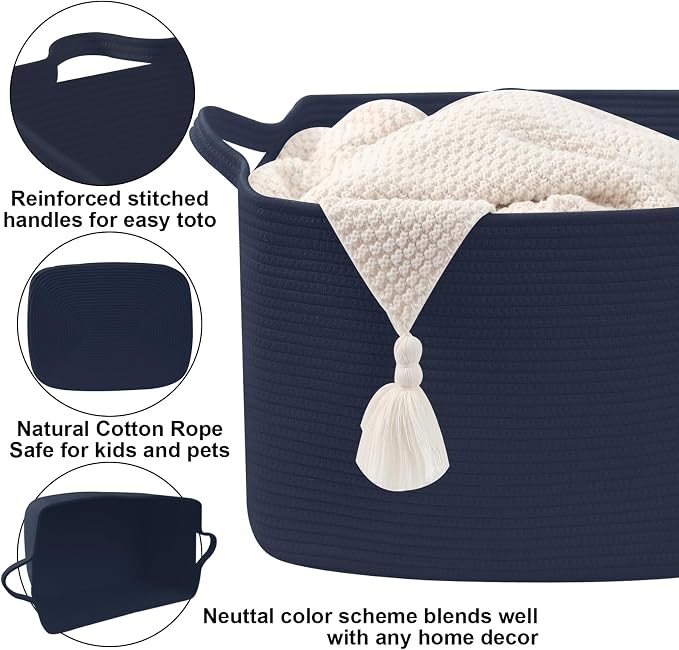 96L Extra Large Navy Cotton Rope Laundry Basket with Sturdy Handle | 24x16x15 Foldable Rectangular Blanket Basket for Toys, Clothes & Pillows,Ideal for Nursery, Bathroom, Bedroom, Living Room