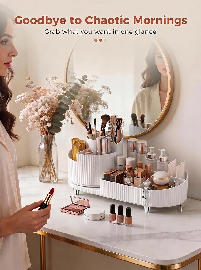 Booklov Rotating Makeup Organizer for Vanity Countertop, White | Plastic Cosmetic Display Case, Large Beauty Brush Holder for Bathroom Counter, Skin Care Perfumes Storage