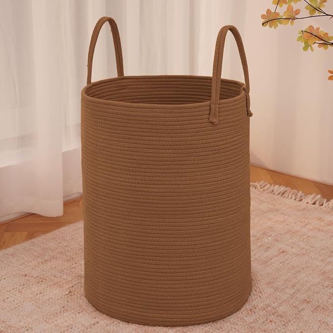 JMvicyroam 100L Cotton Rope Laundry Basket Hamper, Golden Jute | Collapsible laundry basket, reinforced handles, freestanding, machine washable, holds 3-5 thick blankets, clothes or toys