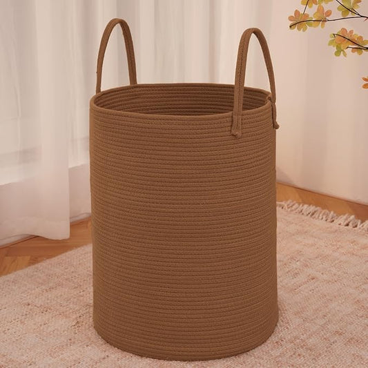 JMvicyroam 100L Cotton Rope Laundry Basket Hamper, Golden Jute | Collapsible laundry basket, reinforced handles, freestanding, machine washable, holds 3-5 thick blankets, clothes or toys