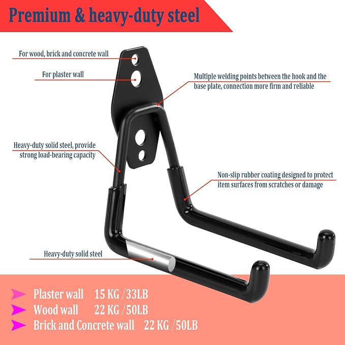 4 Pack Garage Hooks Heavy Duty, 5.1 inch Square Utility Hooks | Garage Tool Organizer Wall Mount, Utility Organizer for Ladders, Garden Tools, Bike, Ropes, Bulk Items