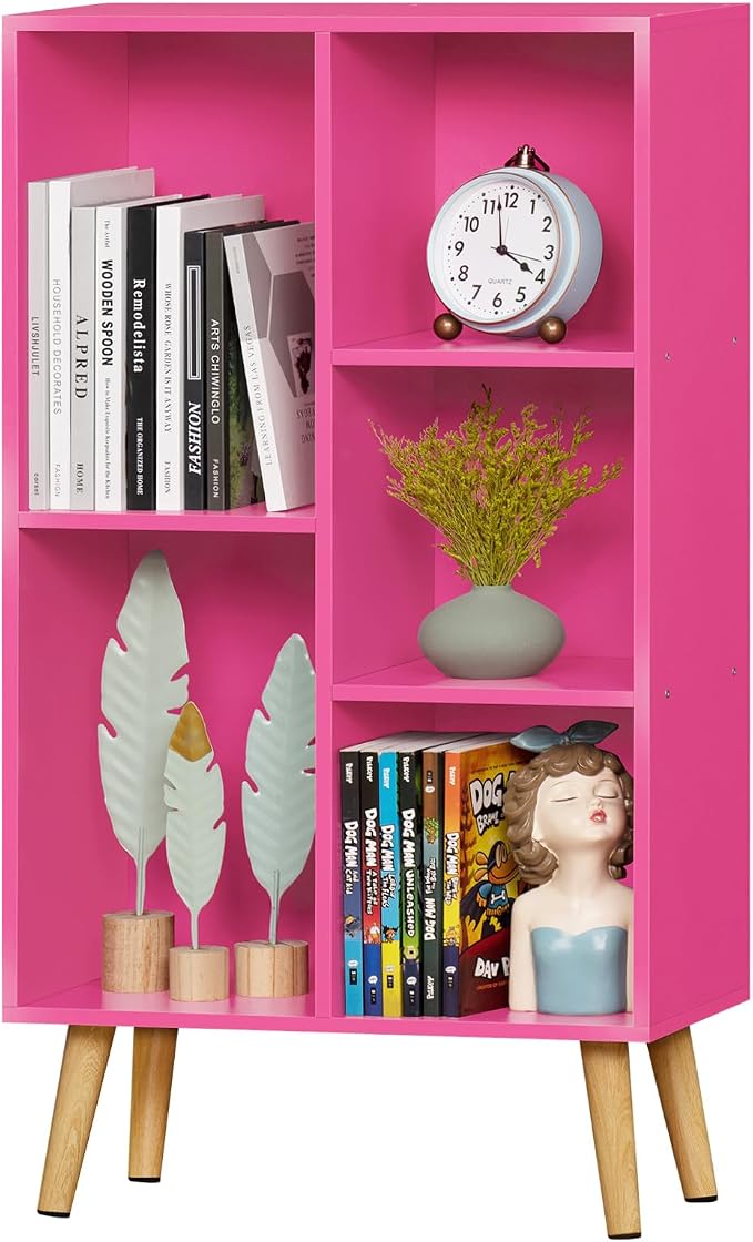 LEYAOYAO 5 Cube Bookshelf, Mid-Century Modern Book Shelf with Legs, Pink | 3 Tier Bookcase, Rustic Wood Bookshelves Freestanding Small Storage Organizer, Open Shelves for Bedroom, Living Room, Office