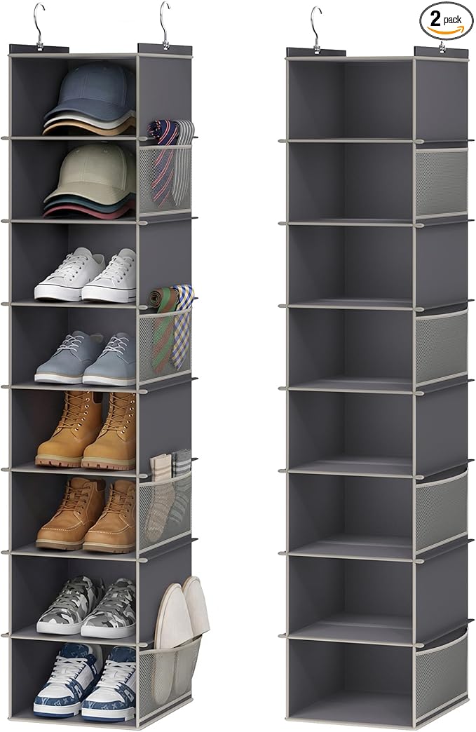YOUDENOVA Upgraded Extra Wide Hanging Shoe Organizer for Closet, 8-Shelf Storage Organizer with 8 Side Pockets, Hanging Shoe Rack for Hats Clothes Jeans, 2 Packs, Grey