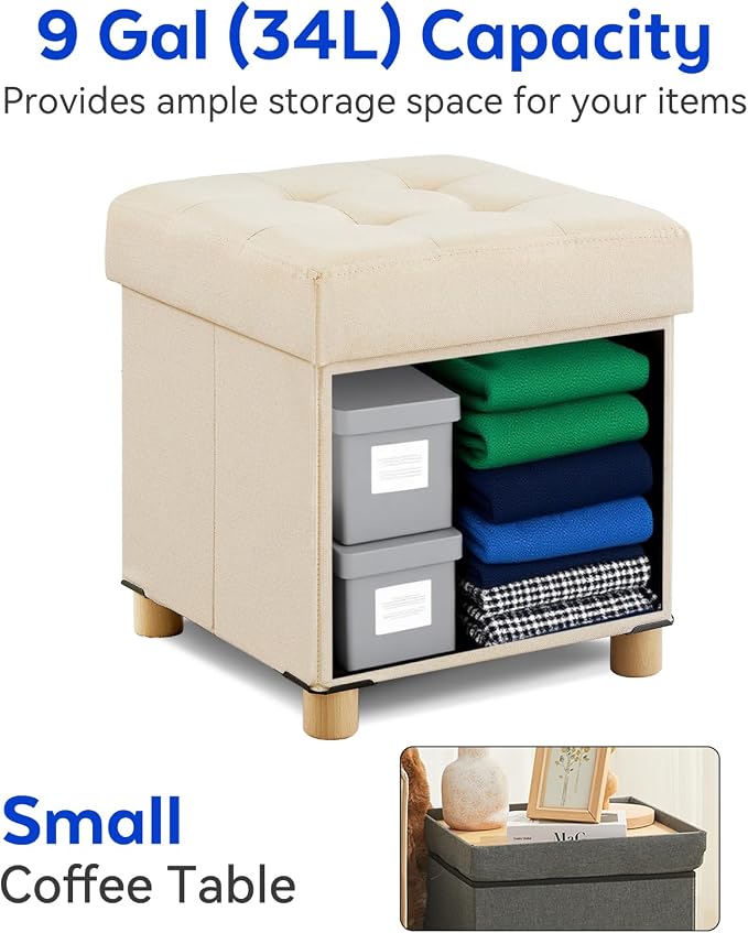 BRIAN & DANY Ottoman with Storage, Square Small Storage Ottoman Foot Rest with Legs, Ottomans Foot Stool for Dorm, Living Room, Entryway 14.8"x14.8"x17.8" (Beige)
