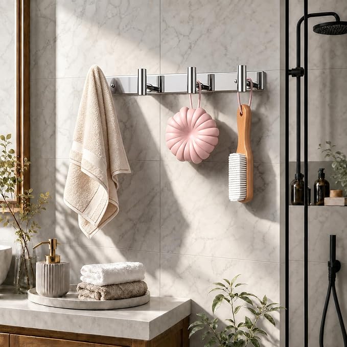 Wall Mounted Coat Rack-4 Hooks, Heavy Duty Stainless Steel Wall Hooks for Towel Coat Bag, Hat Rack Hanger Coat Hooks Towel Racks for Bathroom Entryway Kitchen Hotel (Glossy Chrome, 1 Pack)