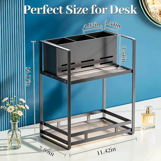 Bathroom Counter Organizer, Metal Vanity Shelf with Hair Dryer Holder | 2-Tier Hair Tool Organizer, Large Capacity Space-Saving, For Perfume,Skincare & Makeup Storage, Black