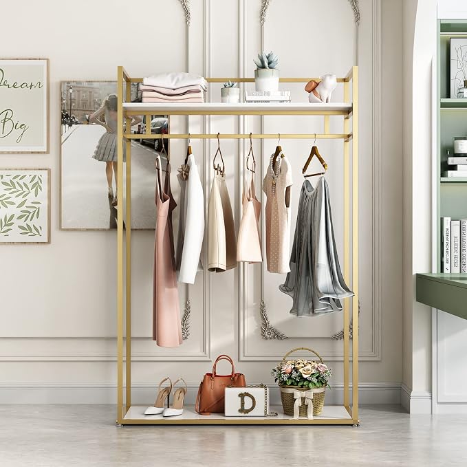 Heavy Duty Clothing Rack with Shelves for Hanging Clothing, Gold Metal Freestanding Garment Rack for Retail Display (47.24" L)