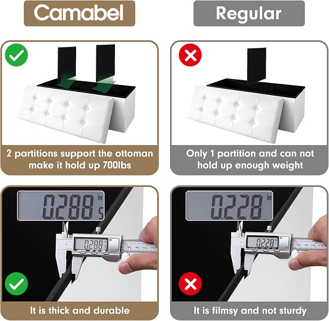 Camabel 43 Inch Folding Storage Ottoman Bench 120L Hold up 700lbs Ottoman with Storage Chest Foam Seat Padded Foot Rest Stool Faux Leather Bedroom Bench Coffee Table White