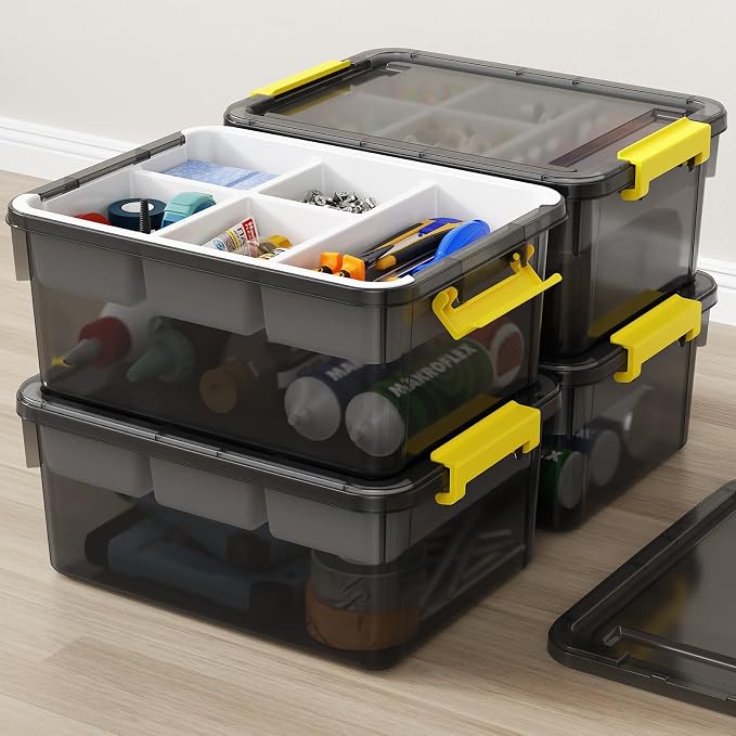 80Qt Stackable Storage Bins with Lids Trays Craft Box Organizers, 4Pack,GY | Clear Plastic Latching Boxes Organizers with Dividers Portable Containers for Arts & Crafts, Home Office Classroom Car Trunk