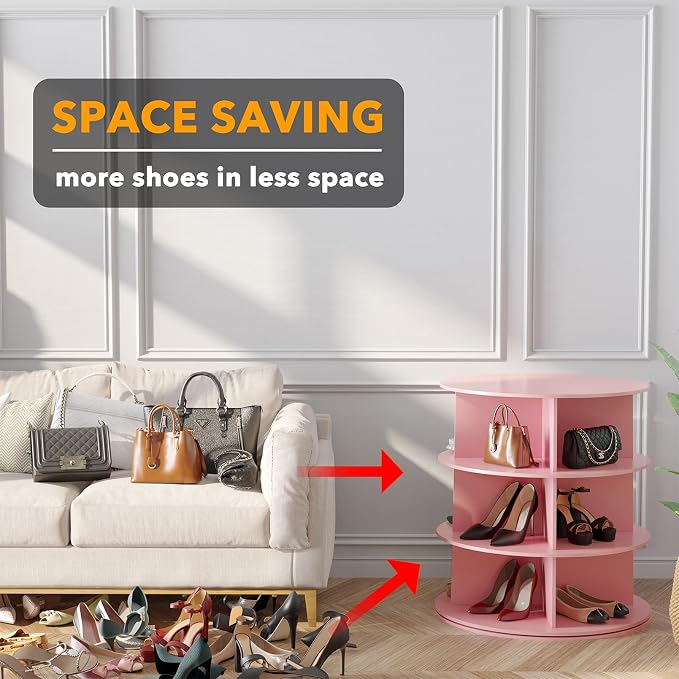 SpaceAid 3 Tier Rotating Shoe Rack Tower, Spinning Shoe Display Lazy Susan, Revolving 360 Shoe Rack Storage Round Carousel, Vertical Handbag Rotate Shoes Closet Organization (3-Tier Pink)