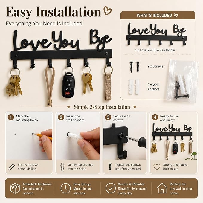 Love You Bye Sign Key Holder Hook Wall Mounted Key Holder Rack Organizer Hanger with 6 Hooks for Wall Express Love Art Decor for Entryway Front Door Kitchen Hallway Office (Love You Bye)