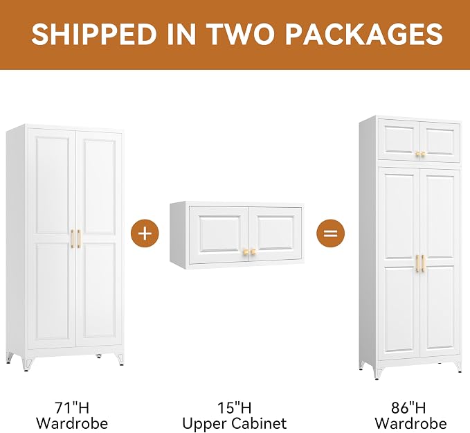 Polup 86" Tall White Metal Armoire Wardrobe Closet with Hanging Rod | Heavy Duty Steel Clothing Storage Cabinet, 4 Doors, 180lbs Adjustable Shelves, Shipped in 2 Packages for Bedroom, Garage