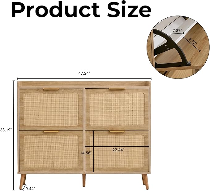 Shoe Cabinet, Rattan Shoe Storage Cabinet for Entryway with Flip Drawers | 4 Flip Drawers, Breathable Rattan, Odor Resistant, Hidden Shoe Organizer, Slim Space Saving, Narrow Cabinet, Entryway Storage