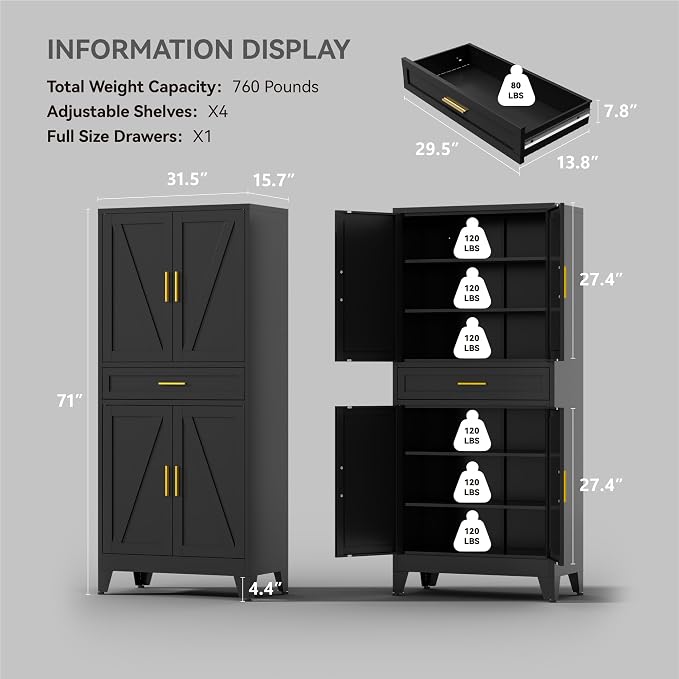 71" Tall Farmhouse Pantry Cabinet,Metal Cabinet with Doors and Shelves,Storage Cabinet for Kitchen Garage,Black 1 Pack