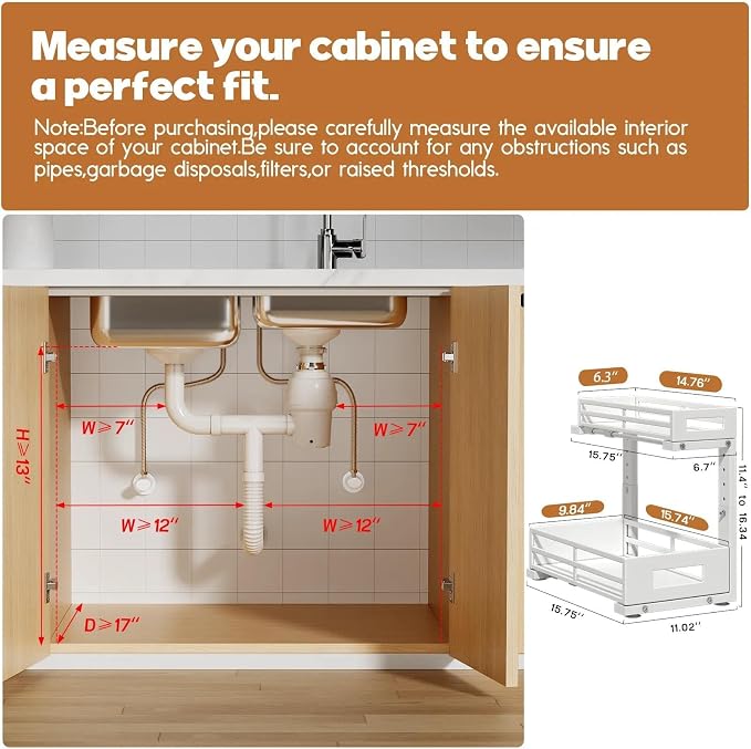 L-Shaped Metal Under Sink Organizer, 2-Tier Double Pull-Out Cabinet Organizer for Kitchen & Bathroom Storage, Height Adjustable, Smooth Cylinder Rail, White, 2 Packs