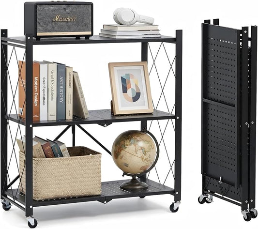 3 Tier Foldable Storage Shelves with Wheels, Metal Collapsible Organization Storage Rack, No Assembly Folding Bookshelf, Rolling Storage Rack for Kitchen, Bedroom, Pantry, Garage, Display, Black