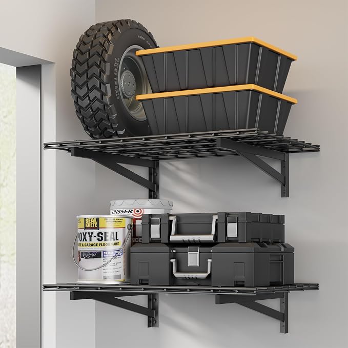 Jusgym 2 Pack Wall Mounted Garage Shelving, 2x3ft, 700lbs Integrated Grid | Wall Mounted Floating Design, 24"x72" Storage Rack, No Splice Seamless Structure, Rustproof Black Coating for Garage Workshop