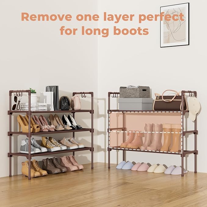 LANTEFUL 3 Tier Shoe Rack for Closet Shoe Organizer with 5 Hooks, Long Shoe Shelf Storage for Shoe and Boot Stackable Free Standing Shoe Rack for Entryway, Garage, Small Spaces, Dorm, Brown