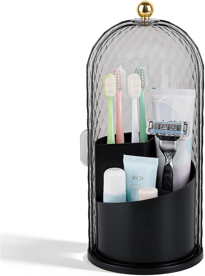 Toothbrush Holder with Cover for Bathroom Countertop, Organizer, Black | Rotating 3 Slot Holder for Electric Toothbrushes, Toothpaste, Self Draining Vanity Organizer, Makeup Brush Storage