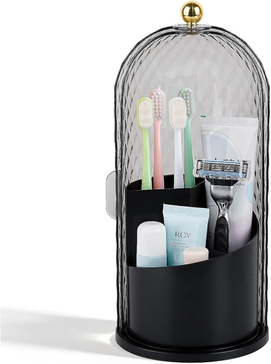 Toothbrush Holder with Cover for Bathroom Countertop, Organizer, Black | Rotating 3 Slot Holder for Electric Toothbrushes, Toothpaste, Self Draining Vanity Organizer, Makeup Brush Storage