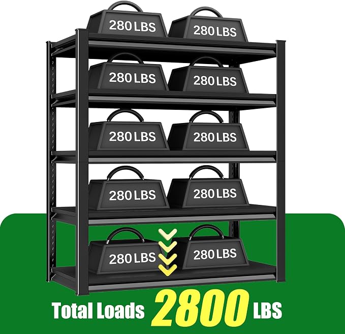 5-Tier Garage Shelving Heavy Duty,48”W x 24”D x 78”H Metal Shelving Unit，2800 lbs Weight Capacity Adjustable Storage Shelves for Retiple Tanks, Pantry, Garage，Black (Black, 5-Ter,48”W x 24”D x 78”H)