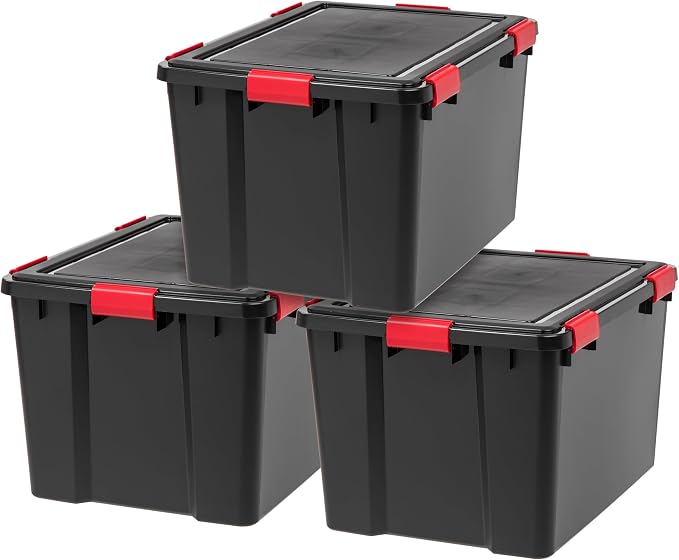 IRIS USA 3-Pack 74 Qt Storage Bins with Gasket Lids, Black/Red | WeatherPro seal helps protect bulky items for moving, garage, attic and basement storage
