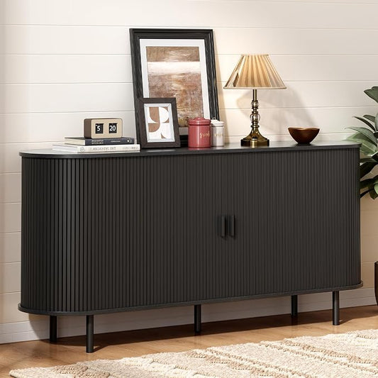 63" Sideboard Buffet Cabinet with Storage, Storage Cabinet with Sliding Door & Adjustable Shelf, Modern Accent Coffee Bar Console Table for Kitchen, Entryway, Black