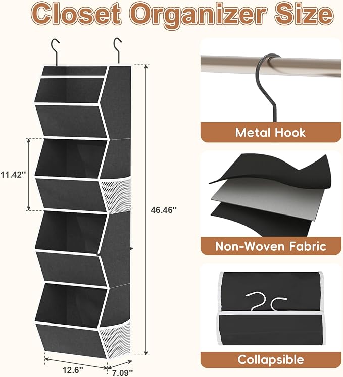 Hanging Closet Organizer 4 Shelf Collapsible Bedroom Closet Organizers and Storage Hanging with Mesh Pocket for Clothes, Closet Hanging Organizers and Storage for Fabric Wardrobe Space Saver, Black