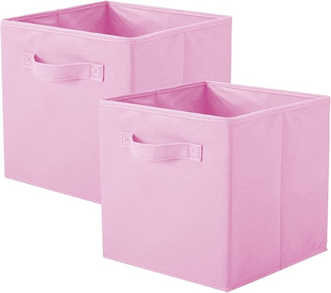 PowerKing Collapsible Storage Cubes, Farbic Storage Bins, Pink, 2 Pack | Sturdy, Lightweight, Easy Pull Handle, Closet & Shelf Organizer, Clothes and Toys Storage, 10.5'' x 11'' x 10.5''
